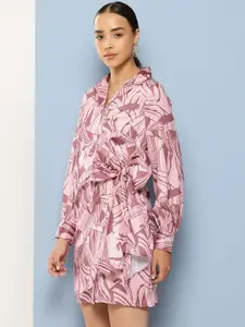 Chemistry Printed Satin Finish Front Bow Shirt Dress