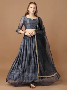 Mitera Grey Striped Semi-Stitched Lehenga & Unstitched Blouse With Dupatta
