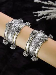 ATIBELLE Set Of 14 Silver Plated Floral Ghunghroo Stone Studded Bangle