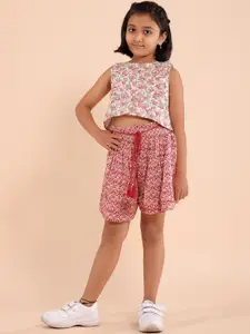 Sangria Girls Pure Cotton Printed Top With Shorts