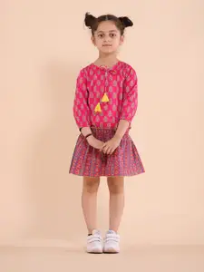 Sangria Girls Ethnic Motifs Printed Pure Cotton Drop Waist Ethnic Dress
