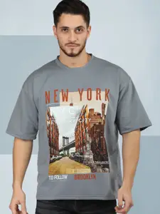 CHKOKKO Graphic Printed Cotton Round Neck Short Sleeves Oversized Raw Edge Casual T-shirt