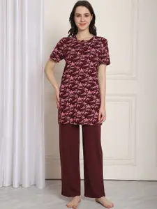 Kanvin Maroon Floral Printed Cotton Night suit