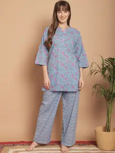 Kanvin Blue Floral Printed Cotton Night suit