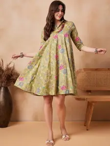 InWeave Floral Printed Shirt Collar Cotton Fit & Flare Dress