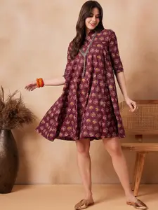 InWeave Floral Printed Shirt Collar Cotton Fit & Flare Dress
