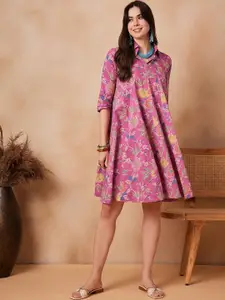 InWeave Floral Printed Shirt Collar Cotton Fit & Flare Dress