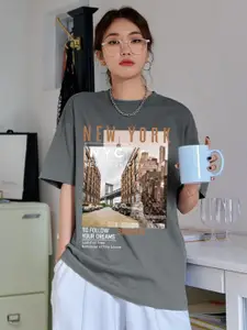 CHKOKKO People and Places Printed Round Neck Drop-Shoulder Sleeves Oversized T-shirt