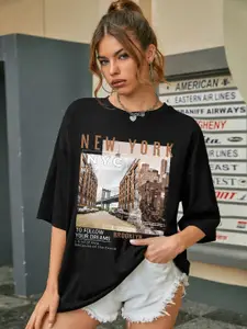 CHKOKKO Graphic Printed Drop-Shoulder Sleeves Cotton Oversized T-shirt