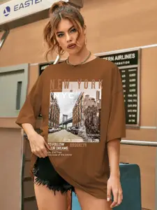 CHKOKKO People and Places Printed Round Neck Drop-Shoulder Sleeves Oversized T-shirt