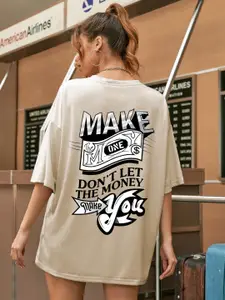 CHKOKKO Typography Printed Round Neck Drop-Shoulder Sleeves Oversized T-shirt