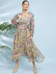 Antheaa Off White Floral Printed V-Neck Puff Sleeves Fit & Flare Midi Dress With Belt