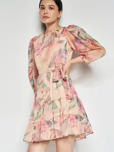 AND Floral Printed Boat Neck Puff Sleeves Belted Tiered A-Line Dress