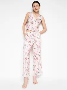 AND Floral Printed Sleeveless V-Neck Crop Top With Trousers