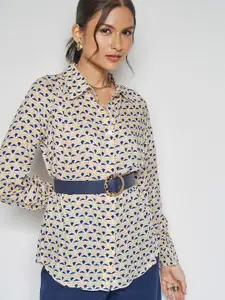 AND Floral Print Shirt Collar Cuffed Sleeves Opaque Casual Top