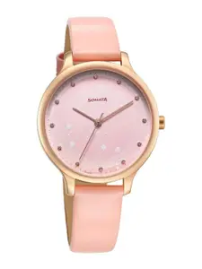 Sonata Women Embellished Dial & Leather Straps Analogue Watch 87050WL04