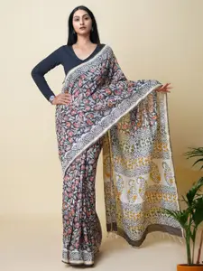 Unnati Silks Floral Bagru Printed Silk Cotton Zari Handloom Chanderi Saree