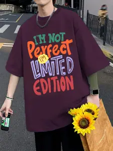 CHKOKKO Typography Printed Round Neck Short Sleeves Oversized T-shirt