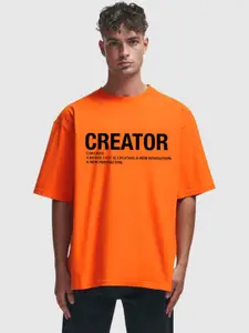 CHKOKKO Typography Printed Round Neck Short Sleeves Oversized T-shirt