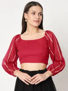 studio rasa Square Neck Puff Sleeves Embroidered Detailed Ethnic Fitted Crop Top