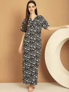 Kanvin Black Floral Printed Mandarin Collar Pure Cotton Maxi Nightdress