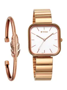 Titan Women Dial & Bracelet Style Straps Rectangular Analogue Watch 2715WM01F