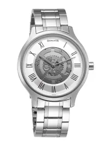 Sonata Men Skeleton Dial & Stainless Steel Bracelet Style Straps Analogue Watch 7140SM05