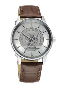 Sonata Men Embellished Dial & Leather Straps Analogue Watch 7133SL04