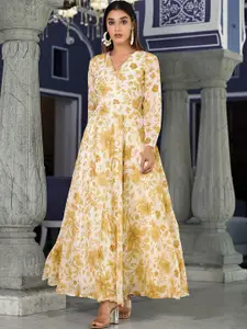 Varanga Floral Printed V-Neck Angarakha Style Long Sleeves Maxi Dress