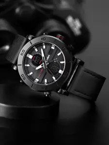 V2A Men Textured Dial Leather Multi Function Analogue Watch V2A-6010-Black-Black