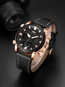 V2A Men Leather Multi Function Analogue Watch V2A-6009-Blk-Gld-Blk