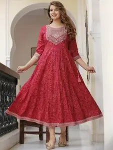 DARVIKAA COLLECTION Floral Printed Embroidered Detailed A-Line Midi Ethnic Dress