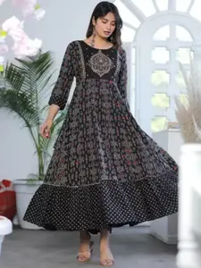 DARVIKAA COLLECTION Ethnic Motifs Printed Embroidered Detail Fit & Flare Midi Ethnic Dress