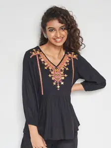 Global Desi Floral Embroidered A-Line Top