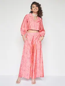 Global Desi Ethnic Motifs Printed Shirt Collar Neck Top & Palazzos Co-Ords