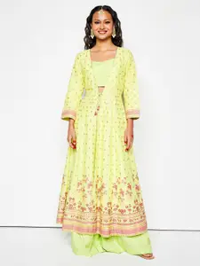 Global Desi Printed Top With Palazzo & Shrug