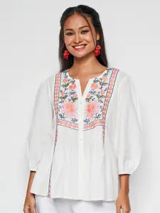 Global Desi Floral Embroidered Cuffed Sleeves Pure Cotton Top