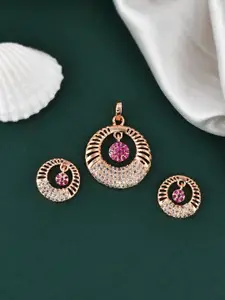 Silvermerc Designs Rose Gold-Plated American Diamond Studded Pendant With Earrings