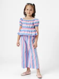 Nauti Nati Girls Striped Square Neck Puff Sleeves Pure Cotton Peplum Top with Trousers