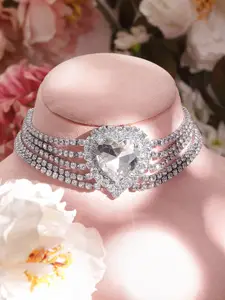 Rubans Brass Rhodium Plated American Diamond Studded Heart-Shaped Necklace
