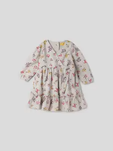 Somersault Girls Floral Print V-Neck Cuffed Sleeves Pleated Cotton Fit & Flare Dress