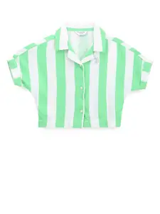U.S. Polo Assn. Kids Girls Vertical Striped Cuban Collar Classic Crop Casual Shirt