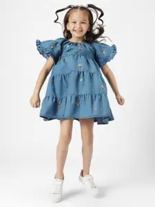 Nauti Nati Girls Floral Embroidered Gathered Detailed Pure Cotton Tiered A-Line Dress