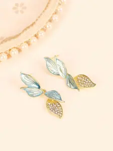 FIMBUL Gold-Plated Stone-Studded Leaf Shaped Drop Earrings