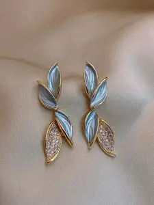 FIMBUL Gold-Plated Stone-Studded Leaf Shaped Drop Earrings