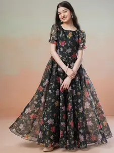 Inddus Girls Floral Printed Puff Sleeves Organza Fit & Flare Maxi Ethnic Dress