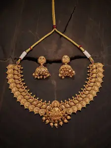 Kushal's Fashion Jewellery Gold-Plated Stone Studded Temple Necklace & Earrings