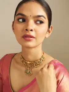 Kushal's Fashion Jewellery Embellished Bridal 92.5 Silver Gold-Plated Temple Necklace