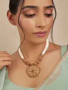 Kushal's Fashion Jewellery Gold-Plated Stones-Studded & Beaded Antique Necklace