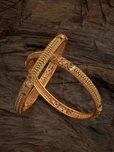 Kushal's Fashion Jewellery Set Of 2 Gold-Plated Stone Studded Antique Bangles